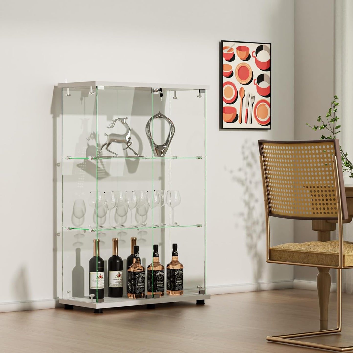 VINGLI Glass Display Cabinet with 3 Shelves, Double Doors and Lock, Floor Standing Curio Cabinets with LED Light, Upgraded Tempered Glass Bookshelf, for Living Room Living Room Bedroom Office, White