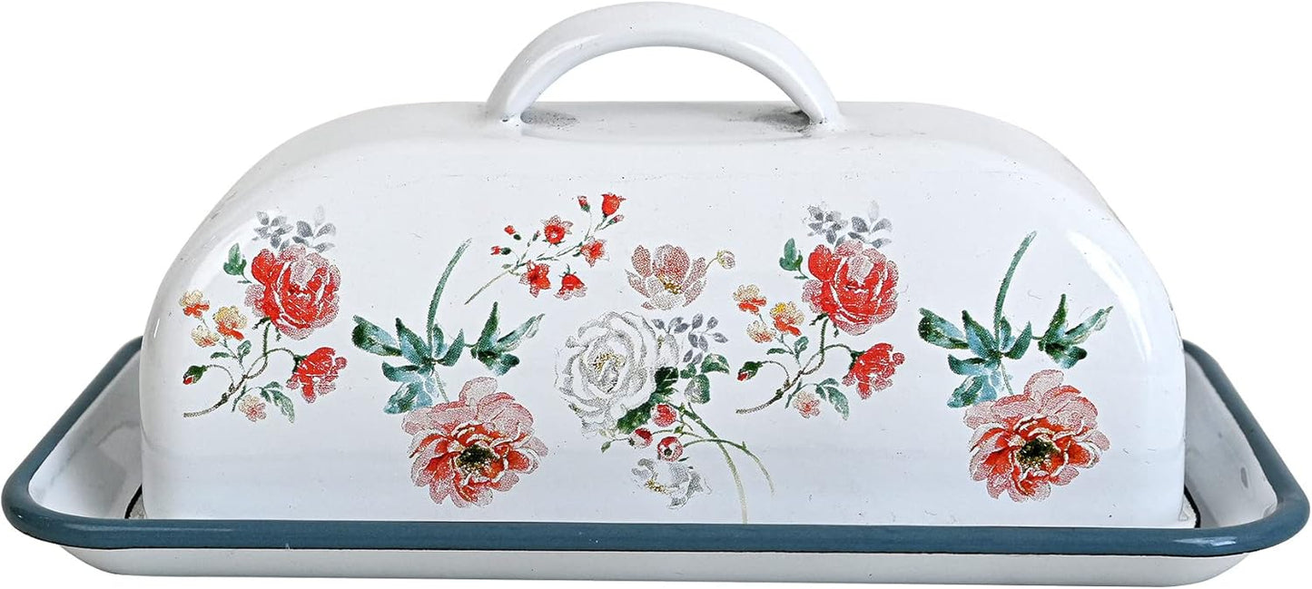 Enameled Farmhouse Vintage Butter Dish with Lid, 7.5 Inch Durable Kitchen Food Storage Container Rust-Resistant Refrigerator Safe,Vintage Decorative Design Kitchenware for Countertop