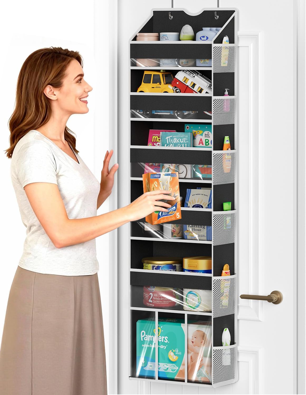 Over The Door Organizer Hanging - 6 Shelf Over Door Organizer with 6 Clear Front & 12 Side Pockets - 50LB Load Behind Storage for Closet Bedroom Bathroom Nursery Baby Essentials(Black)