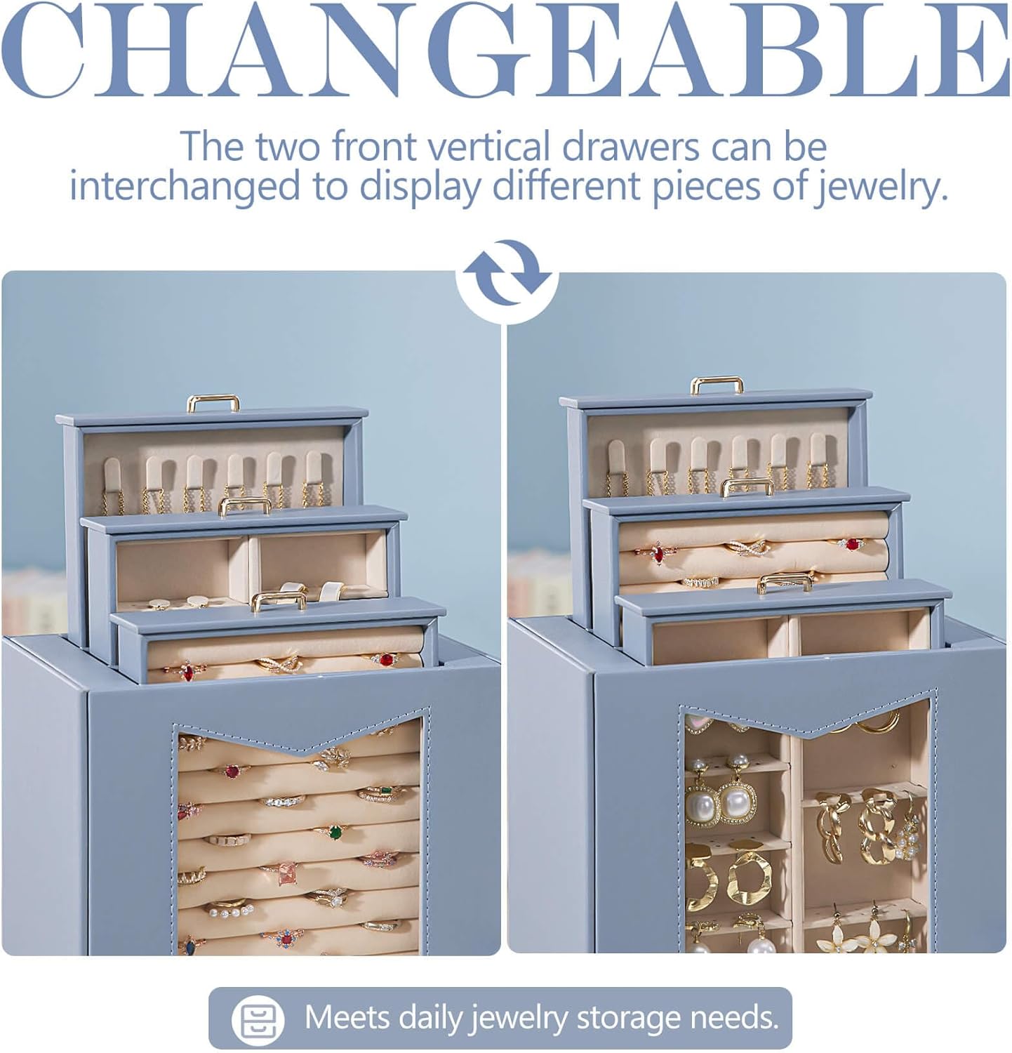 Homde Jewelry Organizer with Transparent Window Necklace Hooks Gift for Women Jewelry Box Display Case for Necklaces Rings Earrings Bracelets and Other Accessories (Grey Blue)