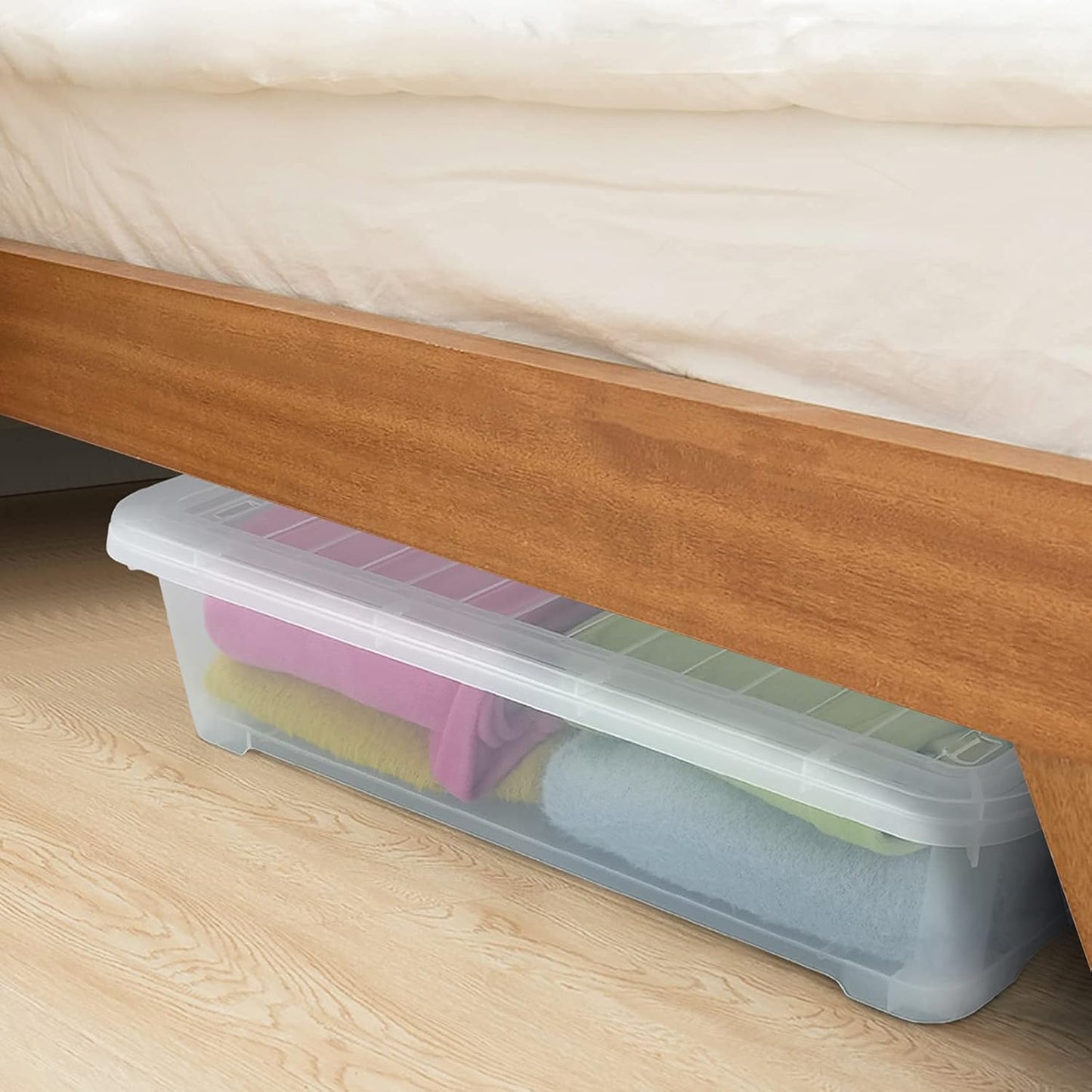 4-Pack 40 Quart Large Plastic Under Bed Storage Bin, Underbed Box With Wheels/Lids, Clear