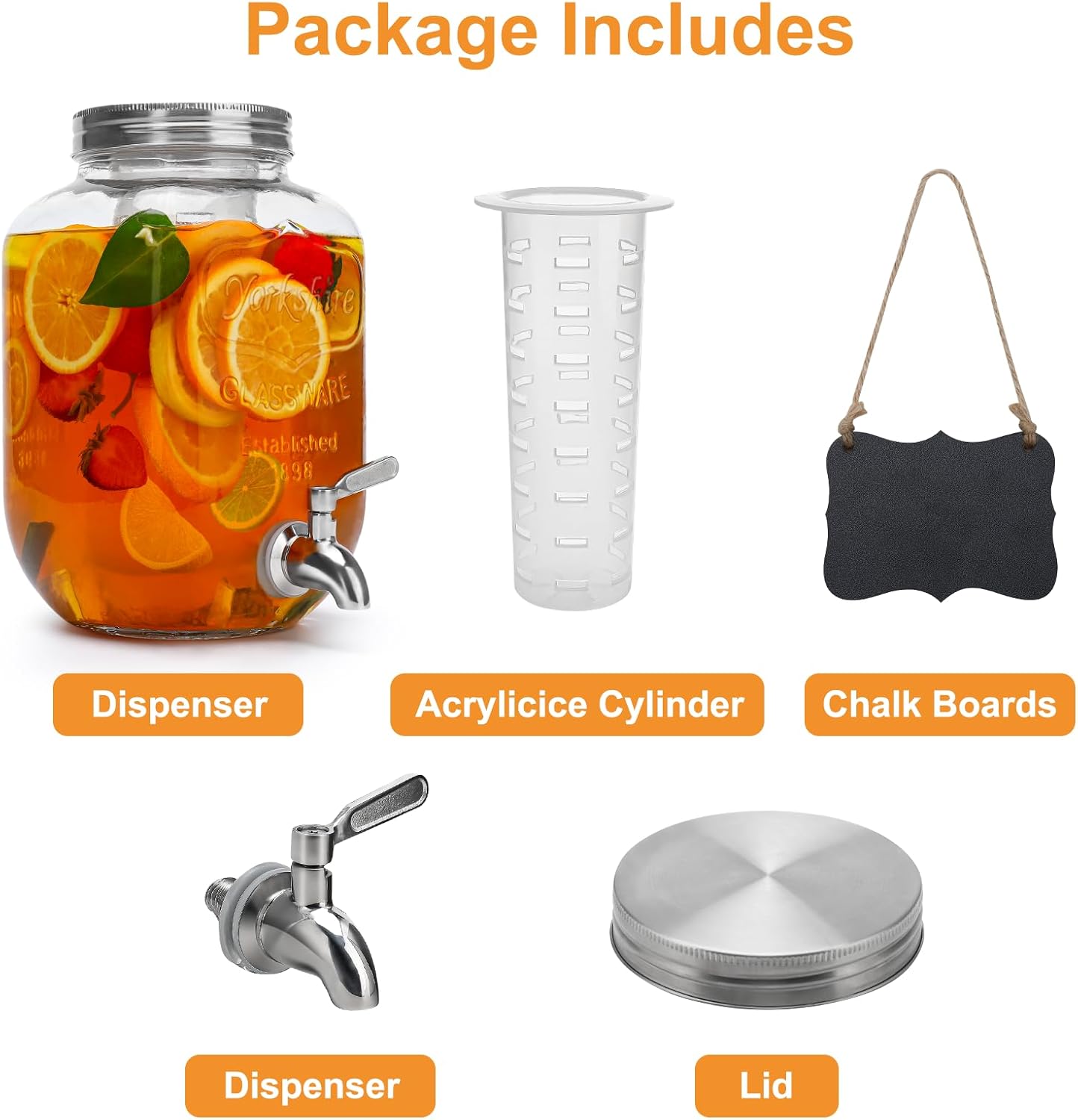 2 Gallon Glass Beverage Dispenser with Lid, Stainless Steel Spigot, Glass Drink Dispensers for Parties, Lemonade Dispenser With Ice Cylinder for Weddings, Party,Sun Tea Jar, Water Juice Dispensers