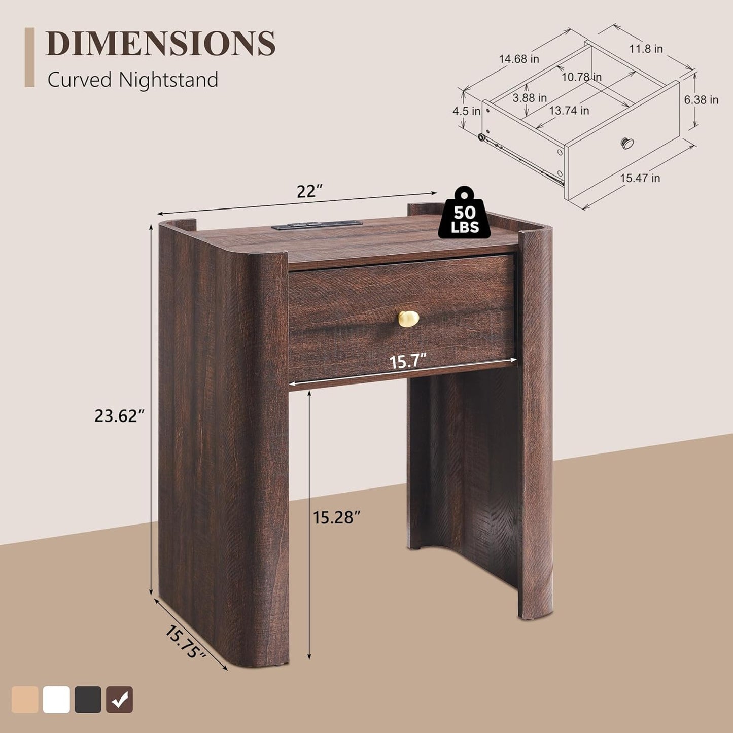 23.6" Tall Modern Nightstand Set of 2, 22" Wide Curved Bedside Table with Charging Station, Wooden Night Stand with 1 Storage Drawer, Large End Table for Bedroom, Living Room, Brown
