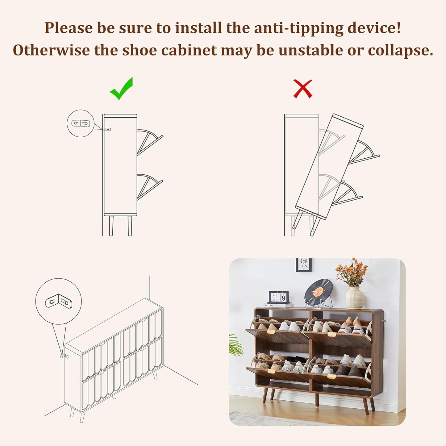 ORRD Shoe Storage Cabinet for Entryway with 4 Flip Drawers, Freestanding Narrow Wood Shoe Cabinet with Wave Panel, Hidden Shoe Organizer for Foyer, Hallway (Walnut)