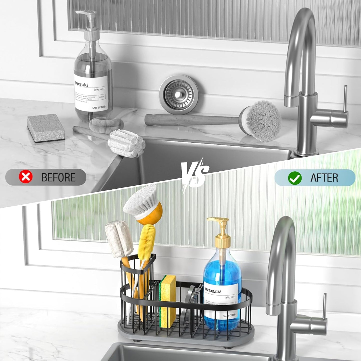 Kitchen Sink Organizer with Sponge Holder & Brush Holder - Drain-Free Non-Slip Base, 2.6mm Stainless Steel with Black Rust-Resistant Coating - Easy Install & Clean Kitchen Sink Caddy