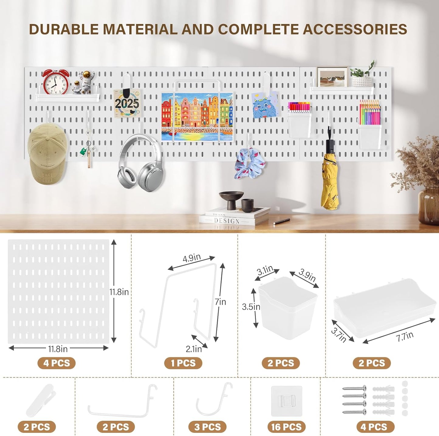 AKTOP Peg Board Wall Organizer 4-Pack – 12"x12" White Pegboard Combination Kit with 13 Accessories for Wall, Plastic Peg Board Panels for Home, Office, Garage Tool Storage & Craft Room