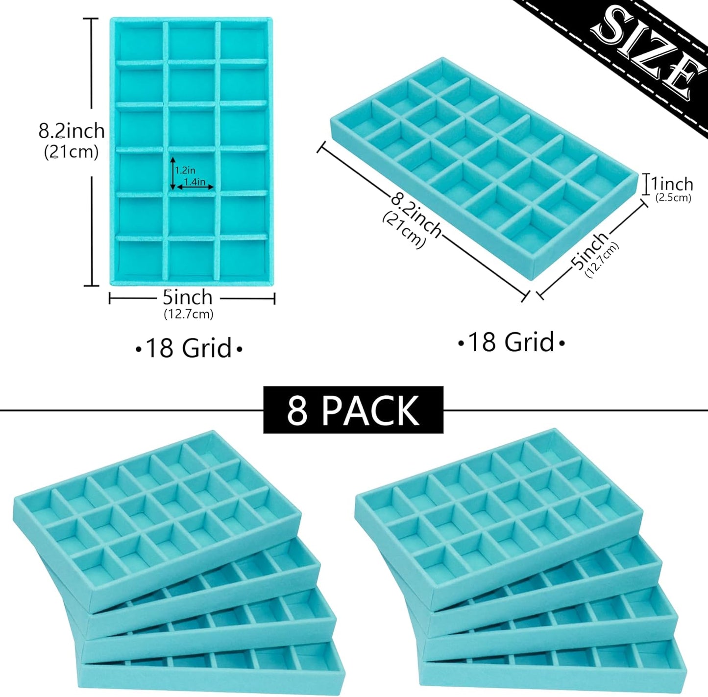 12 Pack Stackable Velvet Jewelry Organizer Trays for Drawers Earring Organizer Inserts Necklace Storage Ring Bracelet Display Case, 216 Grids, Blue