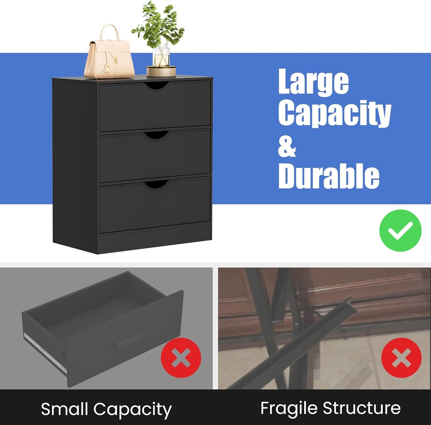 3 Drawers Dresser (Set of 2) for Bedroom, Fabric PU 6 Drawer with Wood Frame, Black Dresser with Large Organizer, Chest of Drawers for Closet, Living Room, Hallway, Black