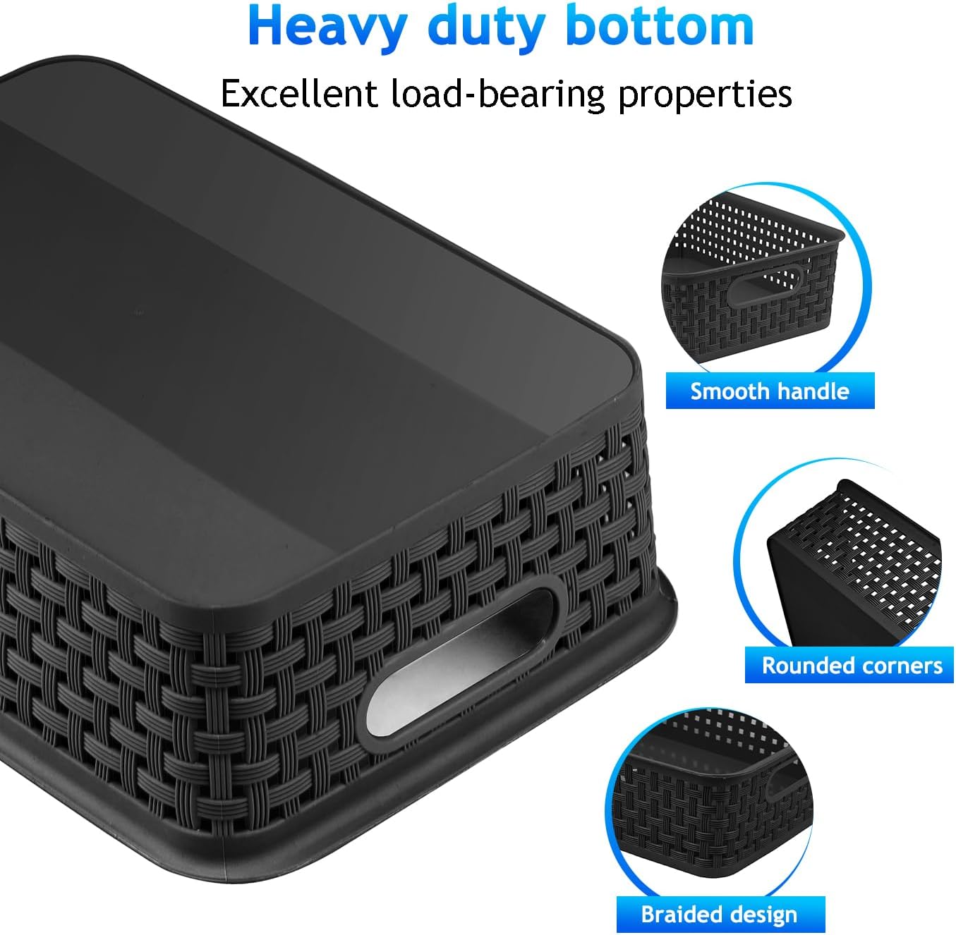 Black Plastic Basket, 8 Pack Home Organization and Storage Baskets with Handles, Space Saving Woven Organizer Bins Plastic Storage Basket for Organizing Cabinets,Closets, Shelves, Countertops