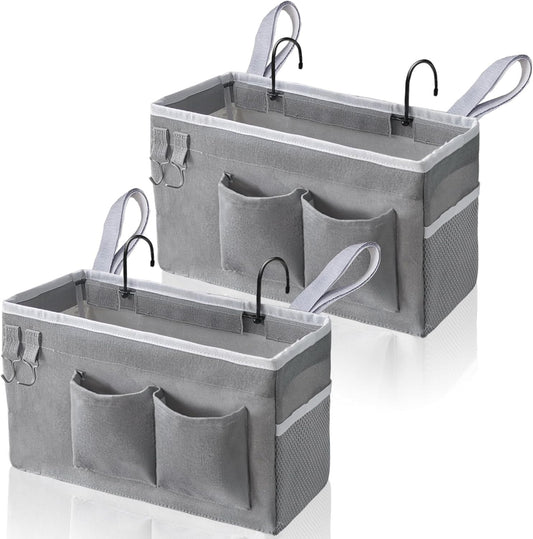 2pcs Bedside Caddy Hanging Storage Bag, Water Cup Holders, Organizer Baskets with Pockets for Bunk Bed Shelf, Hospital Beds, Loft & Dorm Rooms Accessories (Bedside bag-Grey)