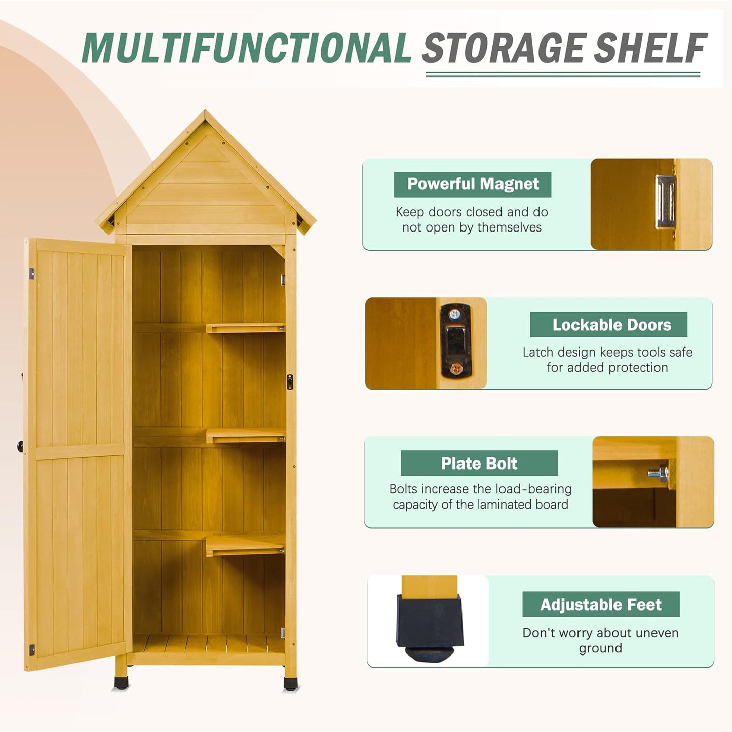 Wooden Outdoor Storage Cabinet,Tall Vertical Garden Tool Shed with Waterproof Metal Roof & Adjustable Feet – Perfect for Yard, Patio, Lawn & Deck (Yellow, 22" x 26" x 67")