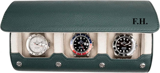 DailyWatch | Personalized Watch Roll Travel Case For 3 Watches - Handmade Genuine Leather Travel Case With Custom Engraving of Name or Initials - Dark Green Litchi