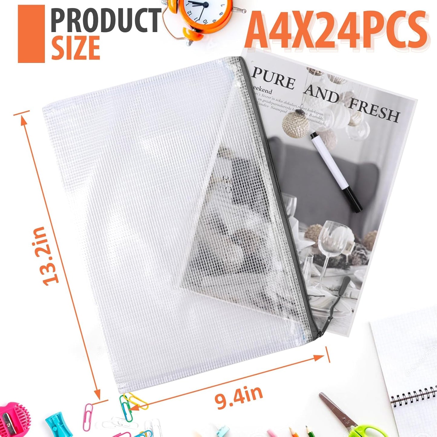 24 Pack A4 Mesh zipper pouch bags, Storage Bags, File Bags for Classroom Organization, Zipper Pouches of office supplies, Puzzles, Board Game Storage（Black）
