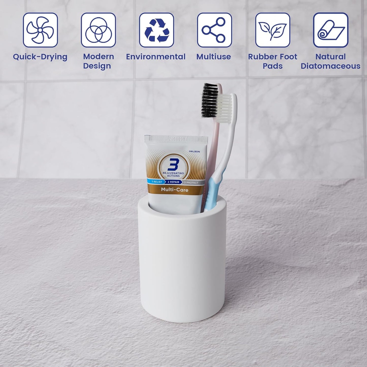 Drying Stone Toothbrush Holder, Diatomite Toothbrush Cup for Bathroom Counter, Quick Drying Electric Toothbrush and Toothpaste Holder Bathroom Organizer, White