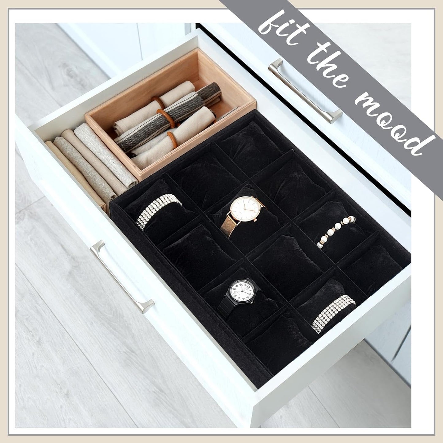 Henoyso 2 Pieces 12 Grid Velvet Watch Tray Jewelry Organizer Stackable Watch Bracelet Bangle Display Holder Adjustable Pillow(Black)