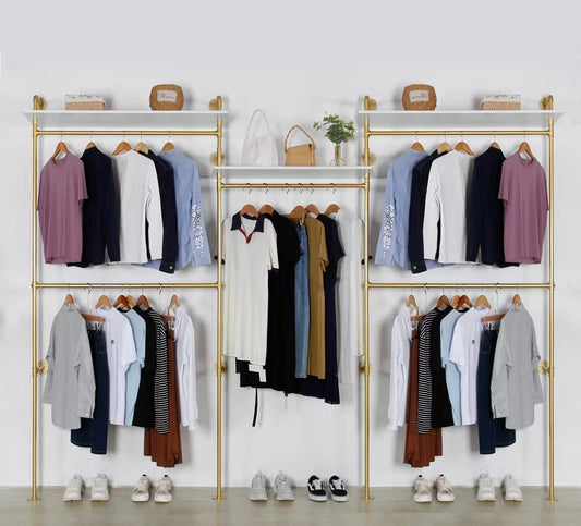 Industrial Pipe Clothing Rack Wall Mounted 5 Hanging Rods Garment Bar with Storage Shelf, Heavy Duty Metal Clothes Racks Closet System for Hanging Clothes Retail Display (Gold)