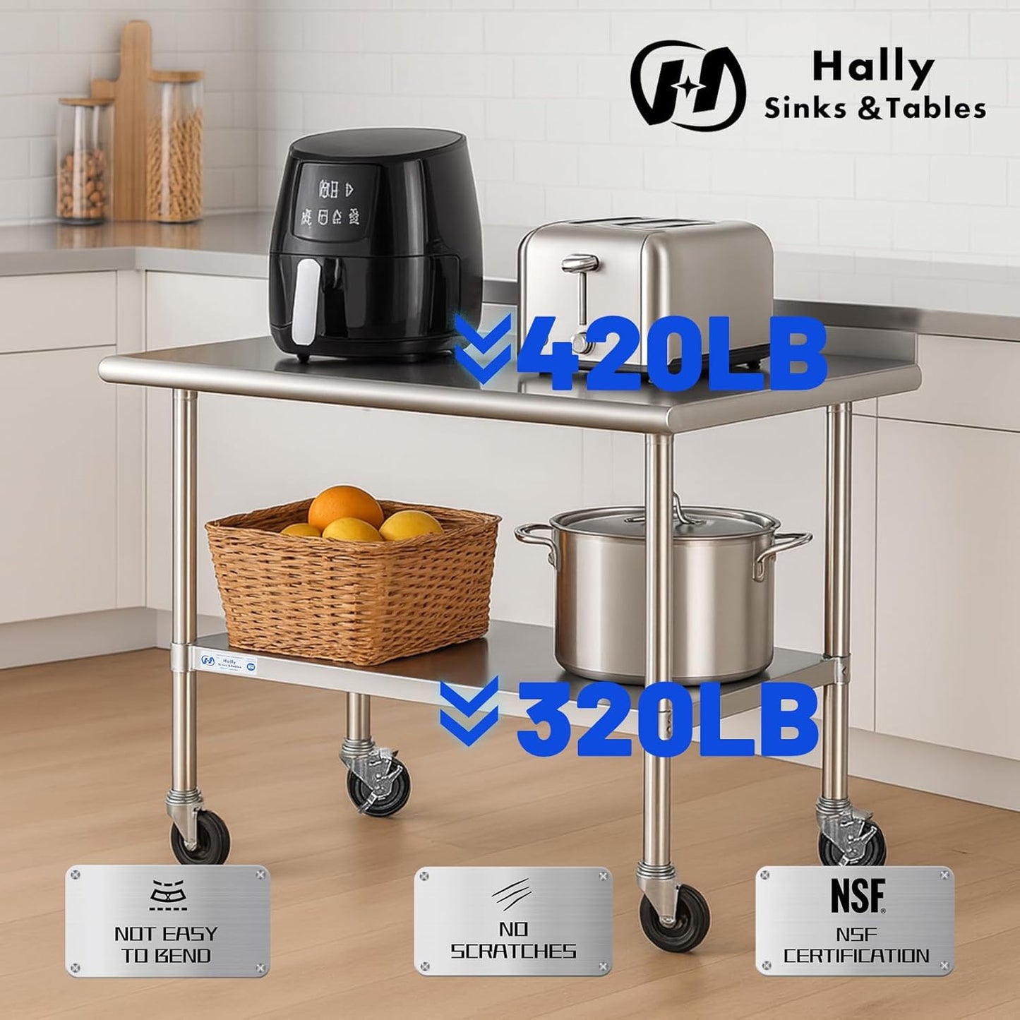 Hally Stainless Steel Table for Prep & Work 24 x 30 Inches with Caster Wheels, NSF Commercial Heavy Duty Table with Undershelf and Backsplash for Restaurant, Home and Hotel