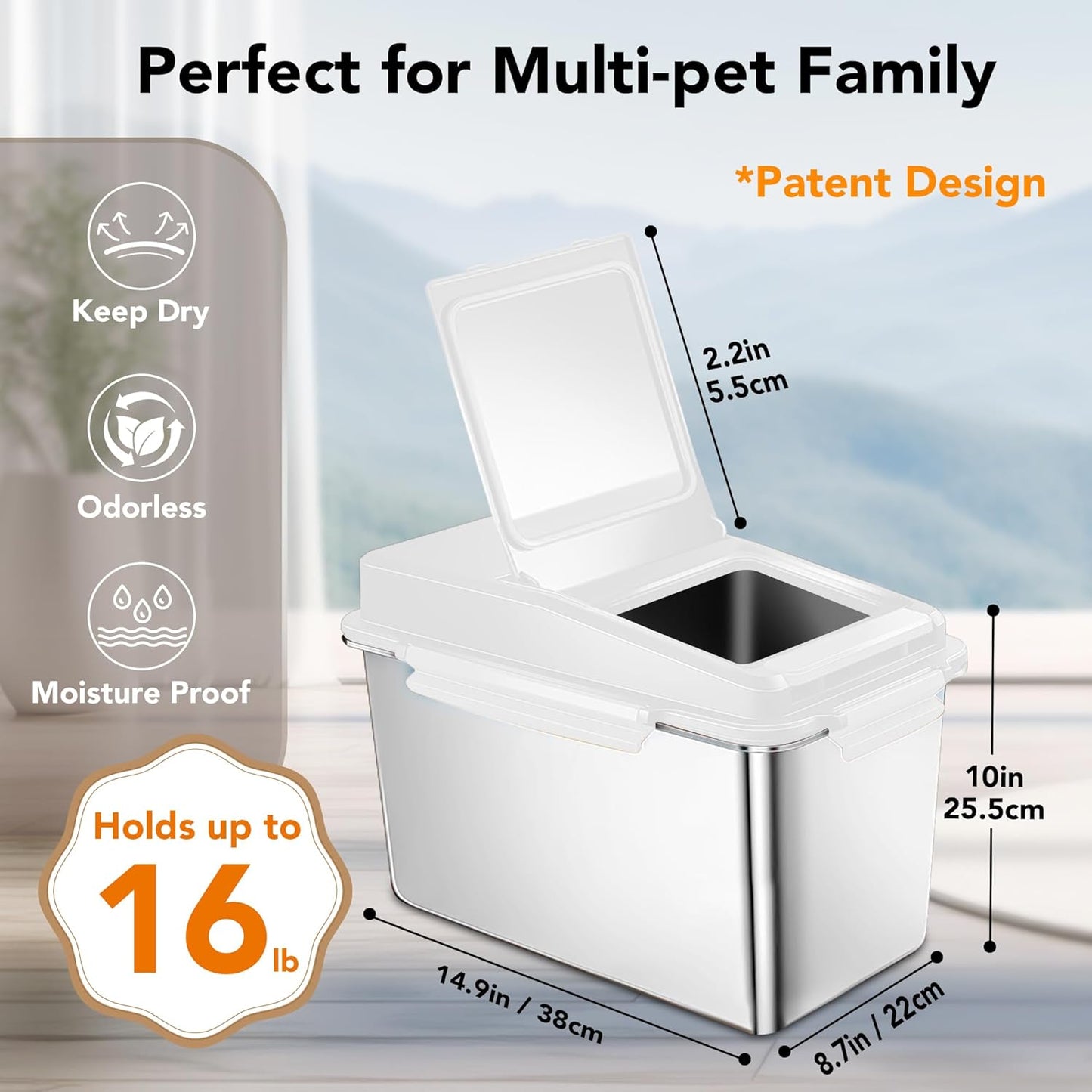 Dog Food Storage Container Stainless Steel with Scoop, 16 LB /11 LB Airtight Pet Metal Food Storage Bin, Cat Food Container for Dry Dog, Cat Food, Bird Seed, Keep Food Fresh, White