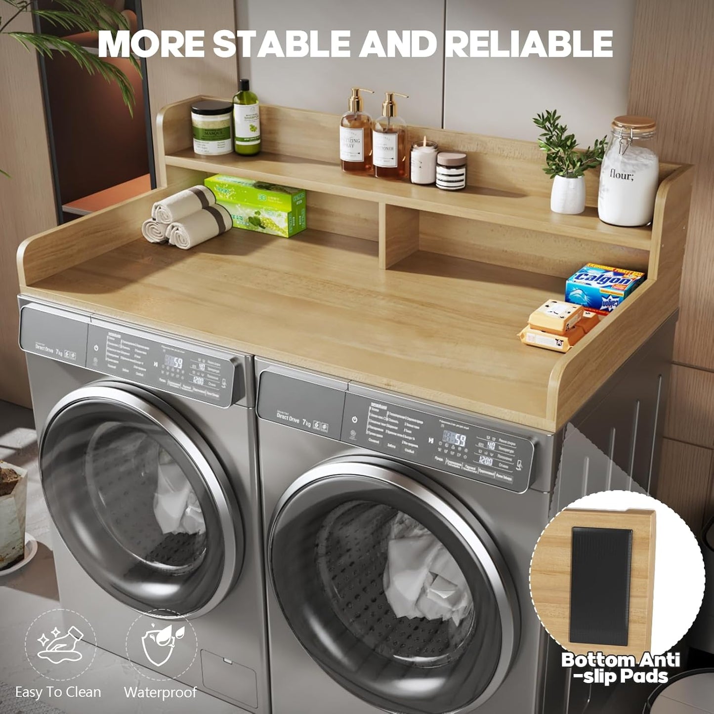 2-Tier Washer and Dryer Countertop with 2.75" H Guard,54" W x 27.5" D Laundry Countertop Cover with Non-Slip Pad,Large Space Laundry Topper for Folding Clothes Over Washer-Pure Wood Color