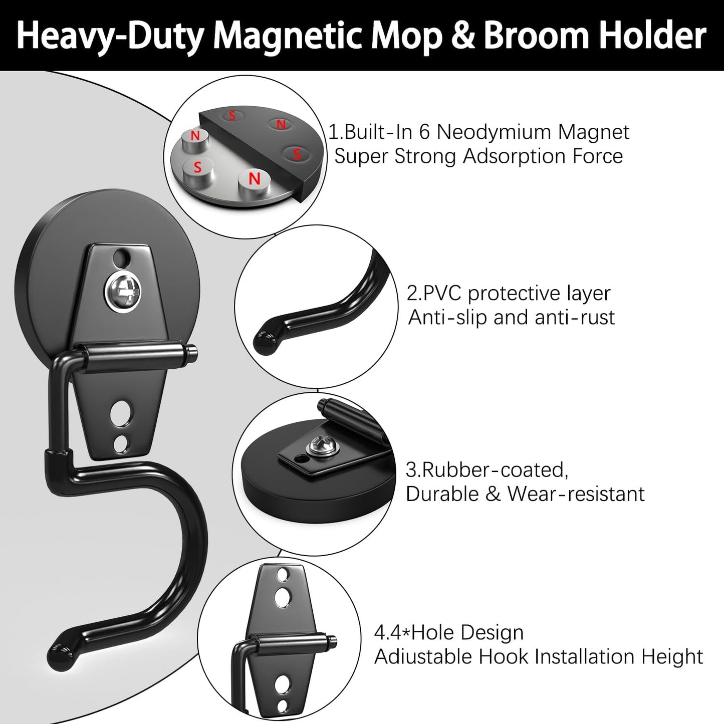 3-H Magnetic Mop Broom Holder and Mop Organizer 4 Pack, Heavy Duty Strong Utility Magnetic Tools Holde, Anti-Slip Strong Metal Garden Tool Rack for Garage, Laundry, Garden (Black)