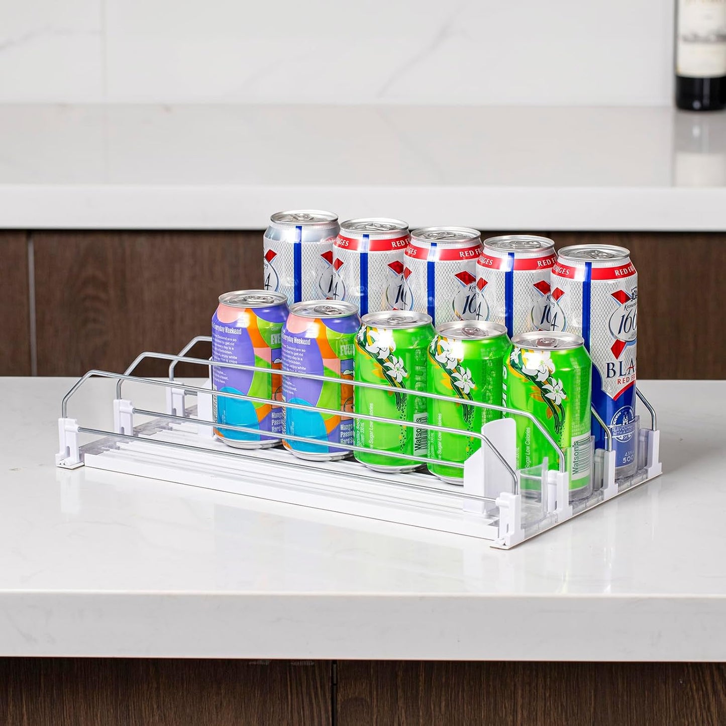 Rula Drink Organizer for Fridge, Width Adjustable Water Bottle Pusher Glide, Self-Pushing Soda Can Dispenser for Refrigerator - Holds up to 15 Cans (15"D, 3 Rows)