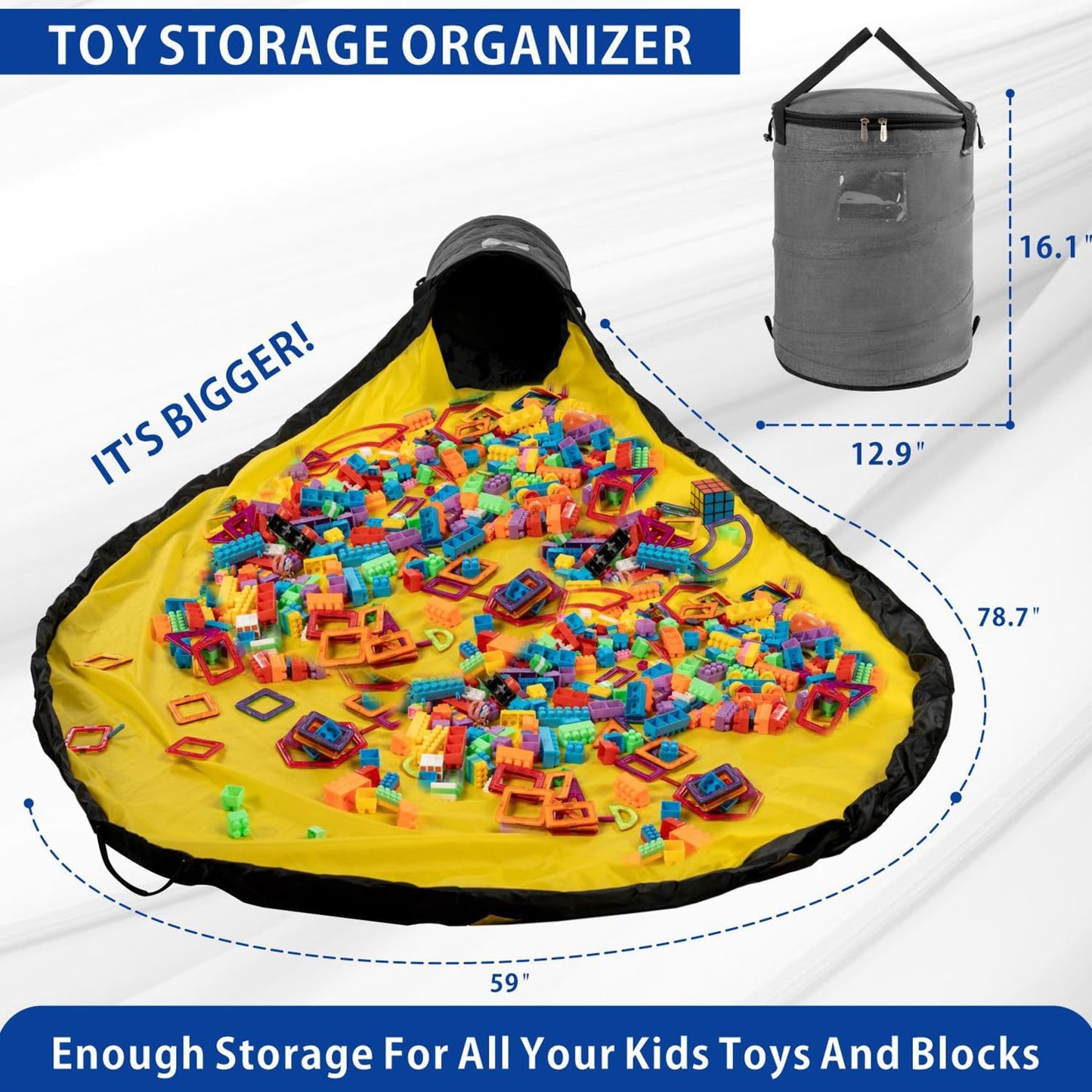 Toy Storage Organizer & Play Mat for Kids - Foldable Bin Toys Box Holds Rooms, Building Bricks Toy Storage Basket, Foldable Fabric Bag for Nursery (grey)