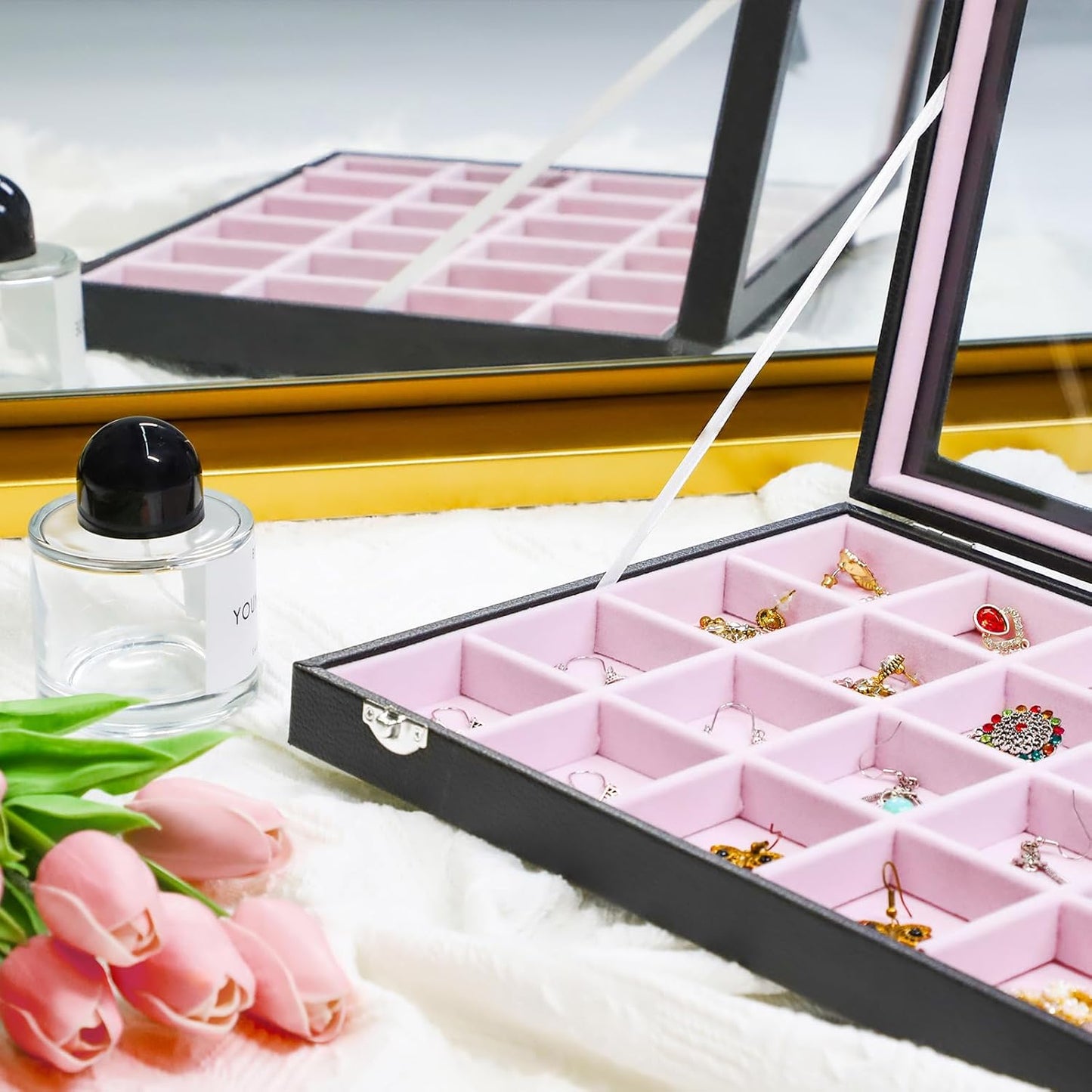 Stratalife Earring Organizer Velvet Jewelry Organizer Box Jewelry Display Storage Tray Ring Case with Clasp for Women 24 Grid (Pink Black)