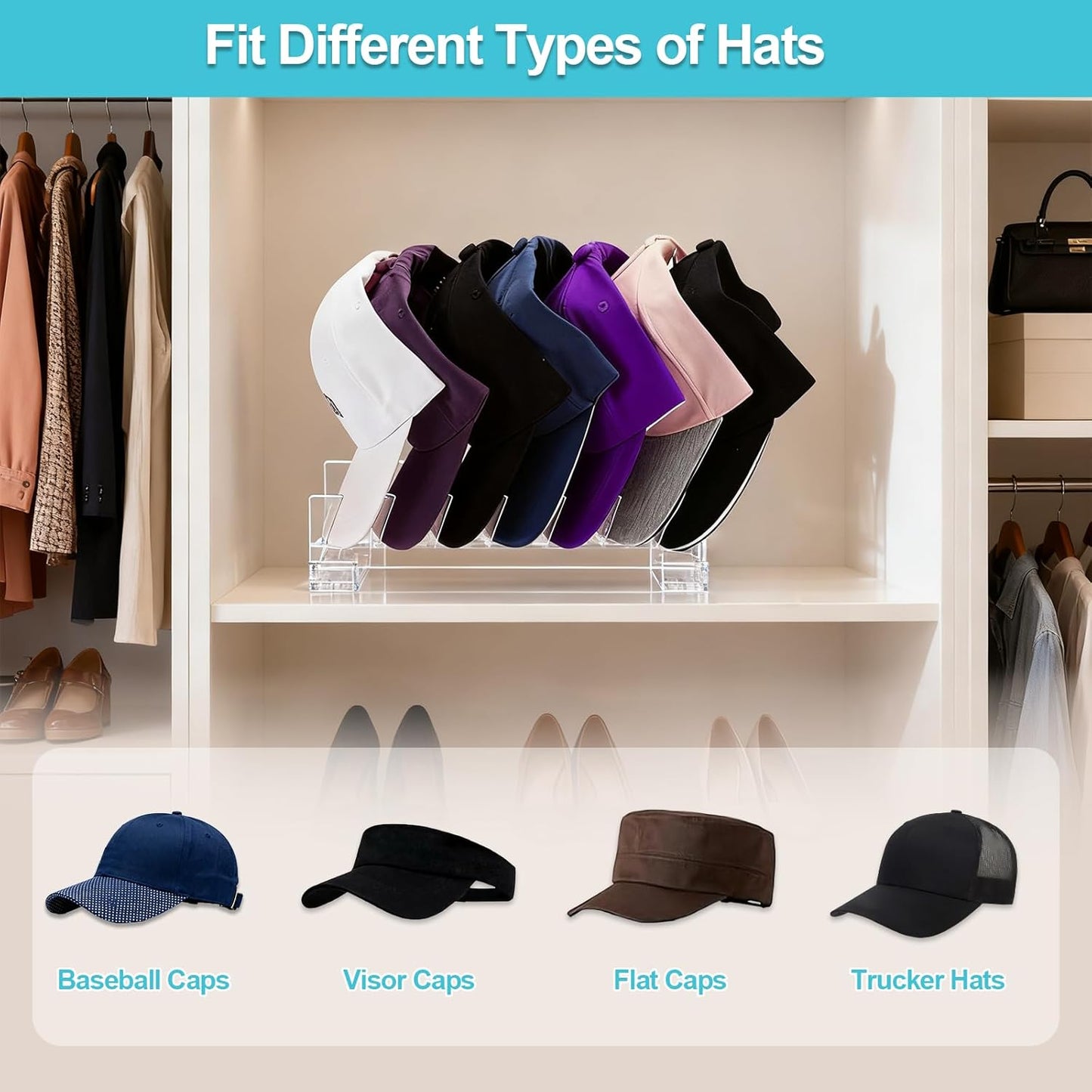 Hat Organizer for Baseball Caps, 2 Pack Upgrade Acrylic Hat Stand for 14 Baseball Caps Storage Organizer, Easy Install Hat Holder Display and Organization for Bedroom, Closet, Dresser-Clear