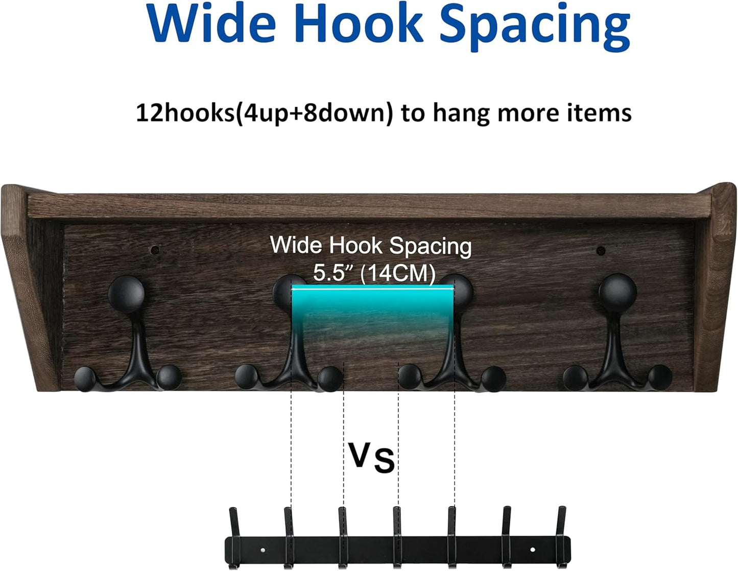 WEBI Wall Shelf with Hooks Underneath,24” Long Wall Mounted Coat Rack with Shelf,Entryway Coat Rack with 4 Triple Hooks for Hanging Coats,Jacket,Hallway,Bedroom,Mudroom,Weathered Brown