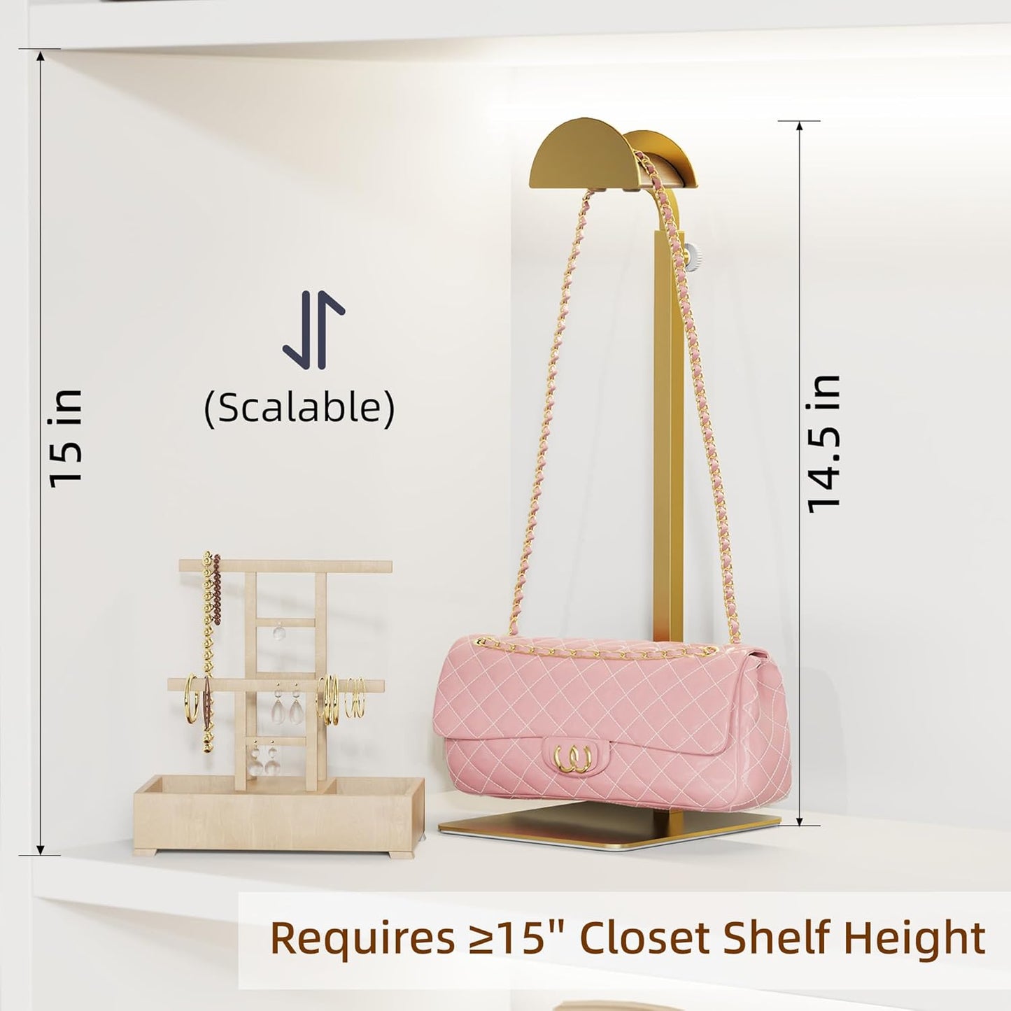 3 Pack Purse Display Stand, Handbag Purse Rack Stand Stainless Steel with Adjustable Height from 14.27" to 24" for Tabletop, Closet, Desk, and Retail Use - Metallic Gold