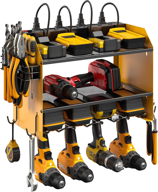 CCCEI Modular Power Tool Organizer Wall Mount with Charging Station. Garage Drill Storage Shelf with Hooks, Heavy Duty Rack, Tool Battery Holder Built in 8 Outlet. Gift for Men. Yellow, 2 Pack.