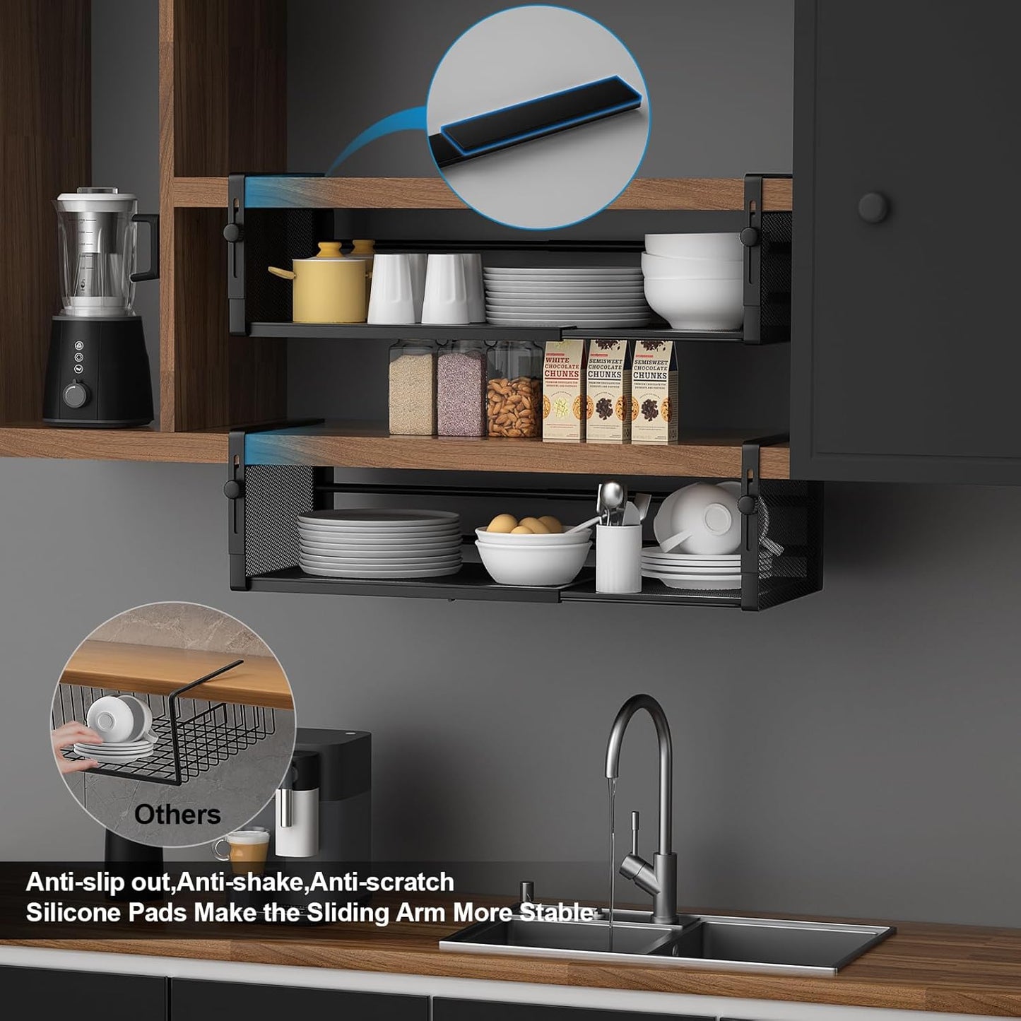 2Pack Under Shelf Basket, Adjustable Hanging Under Cabinet Shelf Storage, Hanging Holder Length Stretchable 14.9-22.6Inch for Kitchen Pantry Desk Counter Bookshelf Cupboard (Black)