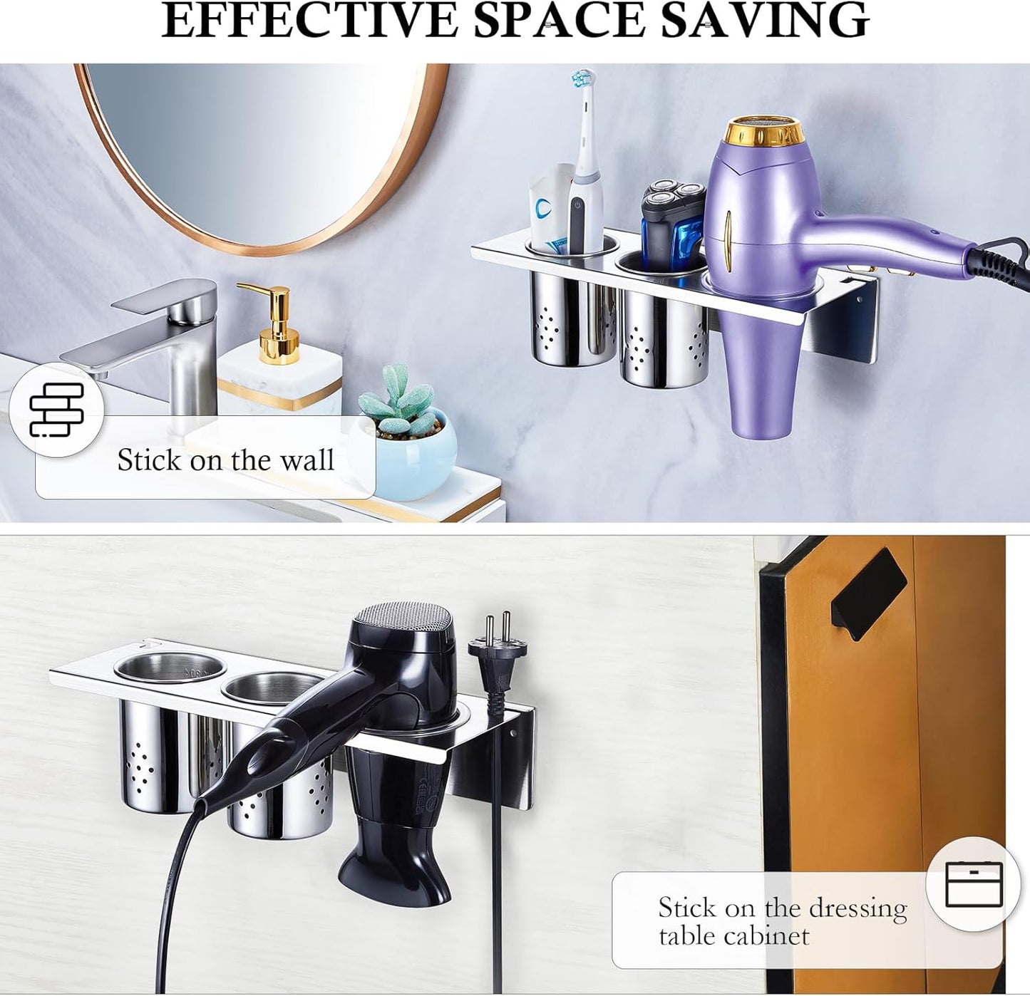 Hair Tool Organizer, Blow Dryer Holder Wall Mounted, Hot Tools Holder Storage for Brush, Hair Dryer, Straighteners, Curling Iron Holder Stainless Steel, Hair Styling Tools Organizer with 2 Cups