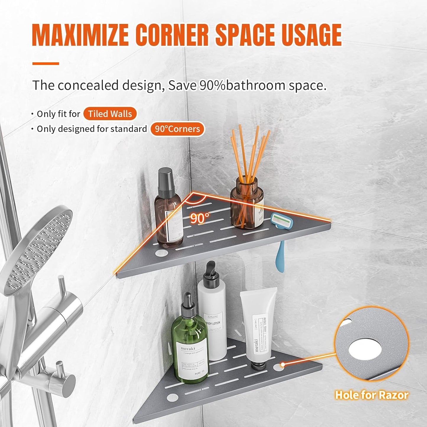 Corner Shower Shelf with Rozar Hole,Rustproof Stainless Steel Corner Shower Caddy Organizer Modern Sturdy Shower Shelf for Inside Shower 10" Large Capacity No-Drill Rack Storage Bathroom Accessories