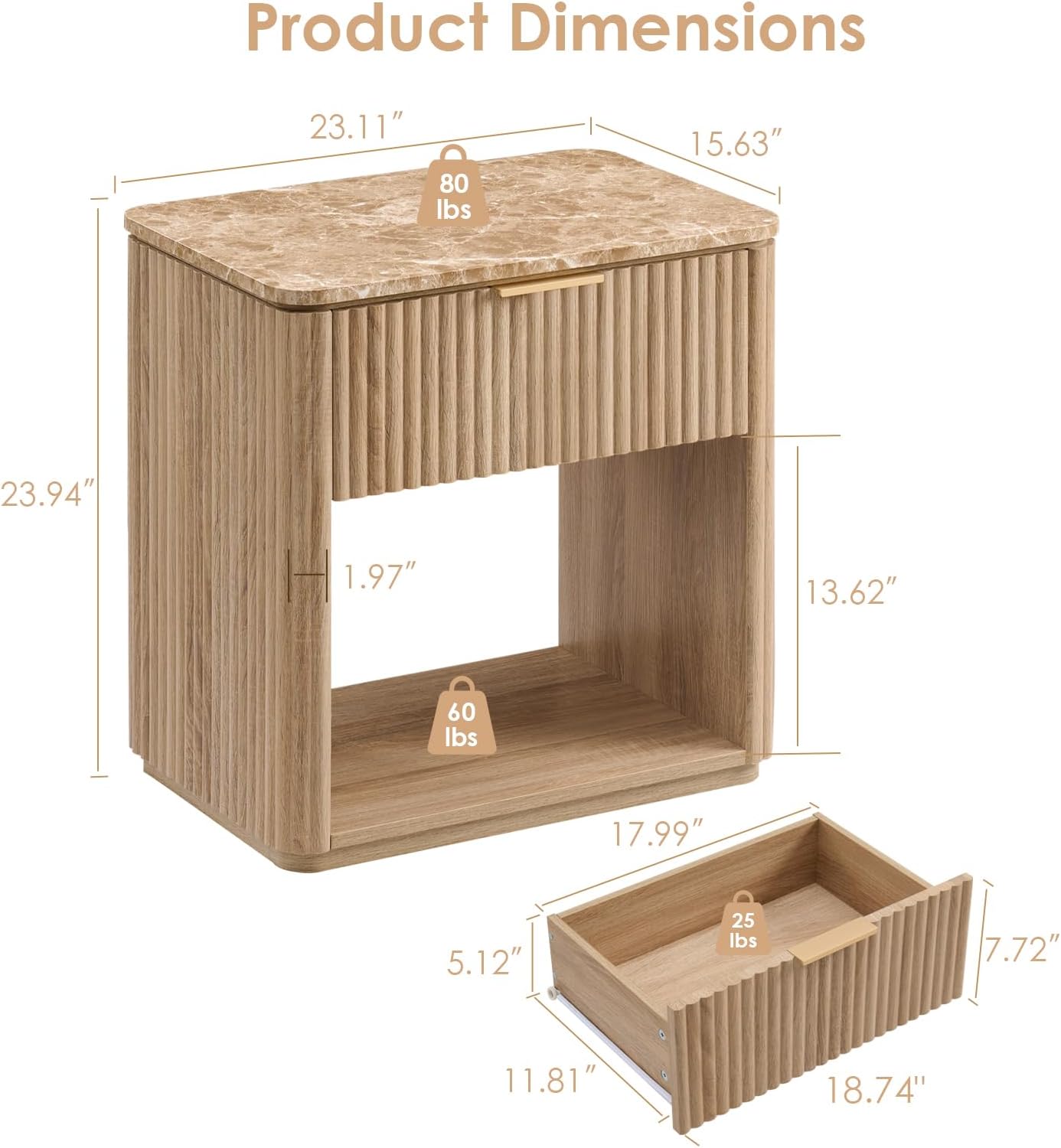 Fluted Nightstand Set of 2, Bedside Table with Faux Marble-Top, Engineered Wood Side Table with Drawer Open Shelf, Curved Corners, Modern Night Stand for Bedroom, Small Spaces, Natural Oak