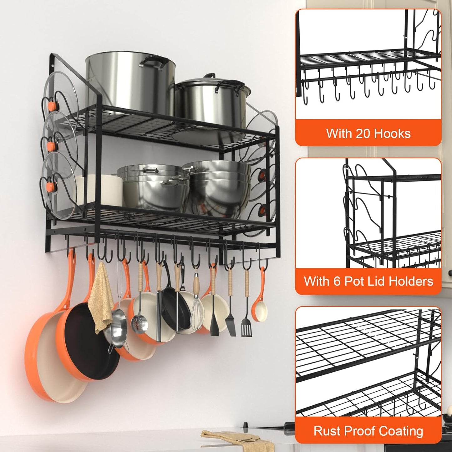28 Inch Pot Rack Wall Mounted, 2 Tier Pots and Pans Organizer with 20 Hooks and 6 Pot Lid Holders, Heavy Duty Steel Pot and Pan Hanger for Kitchen Cookware Utensils Storage 34.7" Lx13 Wx26.4 H