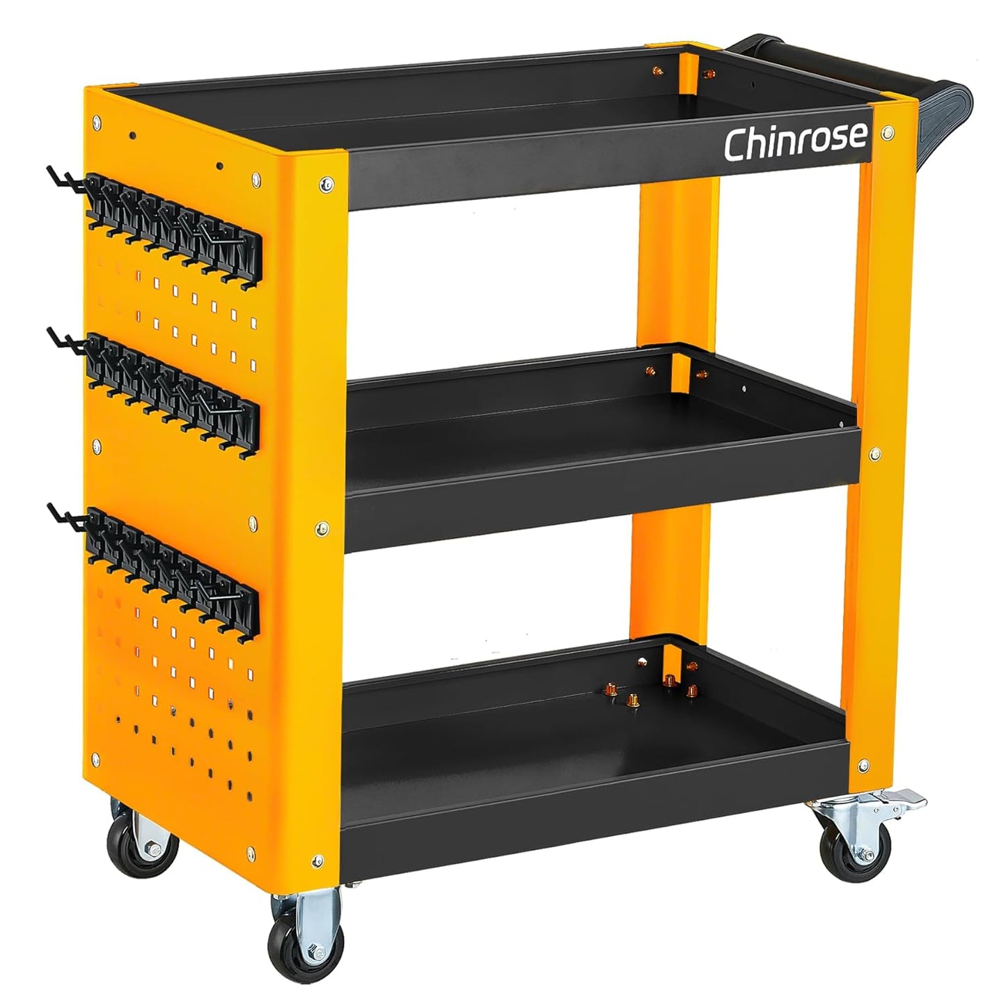 3 Tier Rolling Tool Cart on Wheels, Mechanic Storage Organizer, Rolling Work Cart with Pegboard for Garage, Workshop, Warehouse (Black&Yellow)