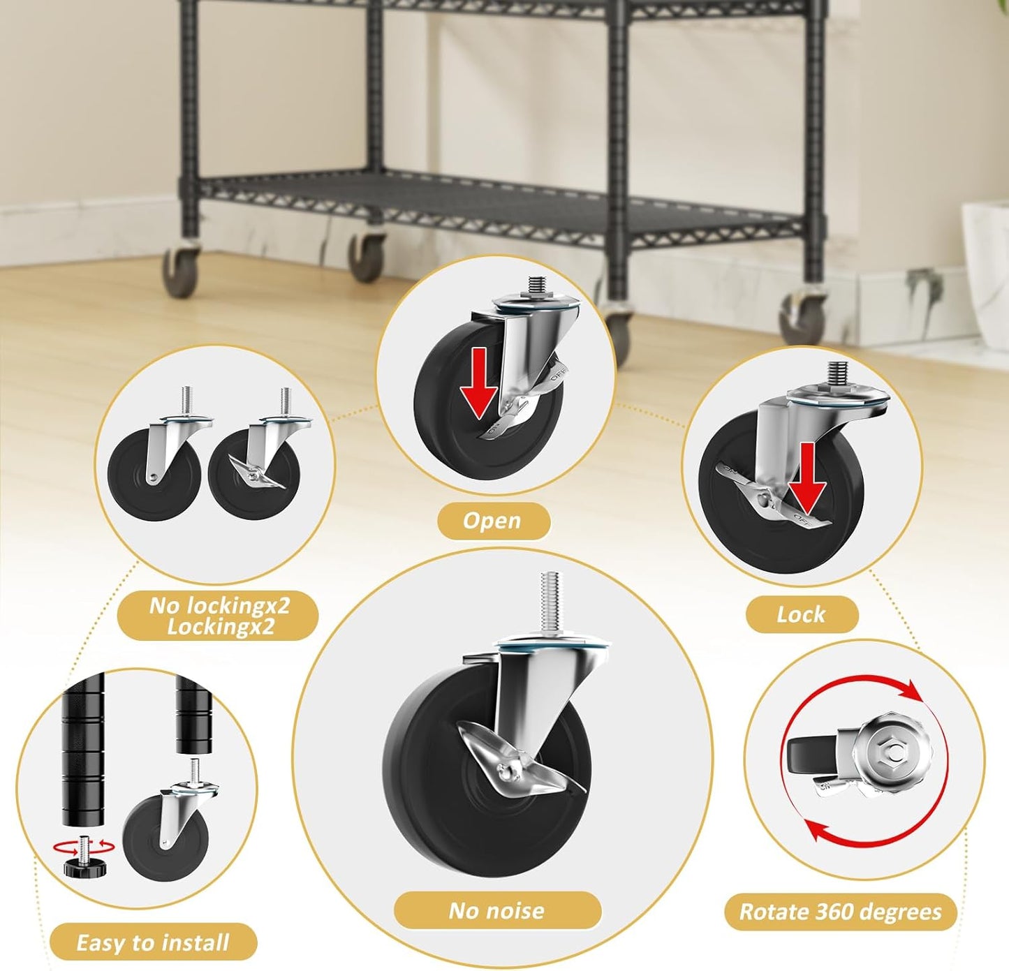 Storage Shelves Heavy Duty with Wheels,45"W x 20"D x 72"H Garage Wire Shelving Unit Loads 2000LBS,5-tier Adjustable Metal Industrial Utility Shelf Rack for Kitchen,Laundry,Pantry,Warehouse,Basement