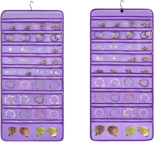 Travel Jewelry Organizer Dual Sided Hanging Earring Holder Bracelet Storage Rolls Rings Display Case with 68 Zippered Pockets (PURPLE)