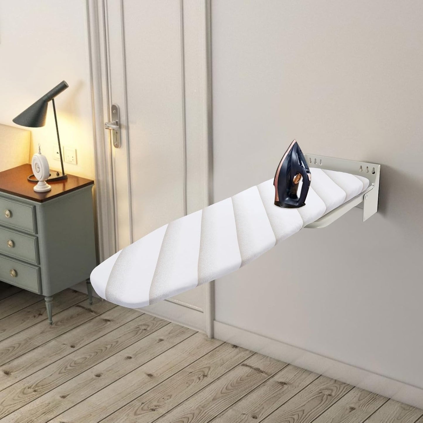Wall Mounted Ironing Board Foldable Clothes Ironing Table Hiding 180 Degree Swivel Heavy Duty Ironing Board with a Washable Ironing Board Cover for Home Laundry Room (White)