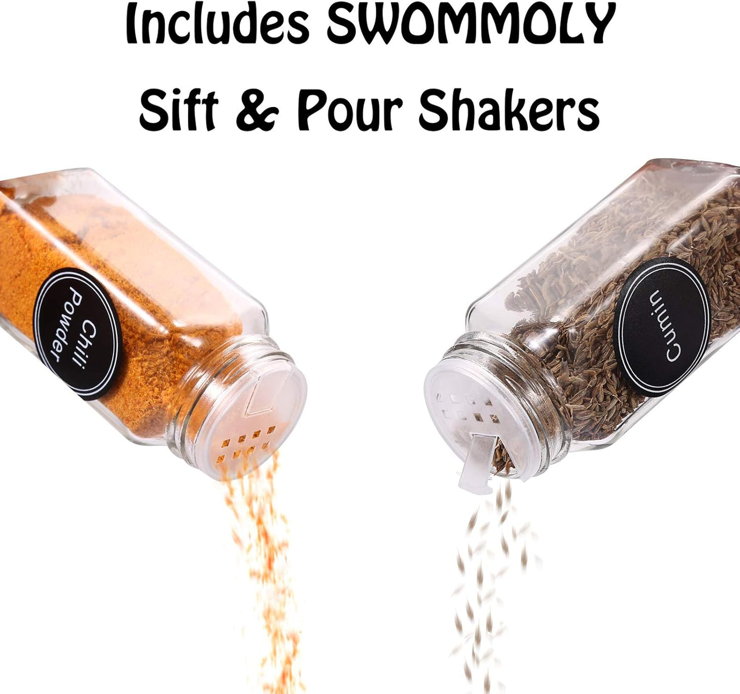 SWOMMOLY 42 Glass Spice Jars with 703 Spice Labels, Chalk Marker and Funnel Complete Set. 42 Square Glass Jars 4oz, Airtight Cap, Pour/sift Shaker Lid