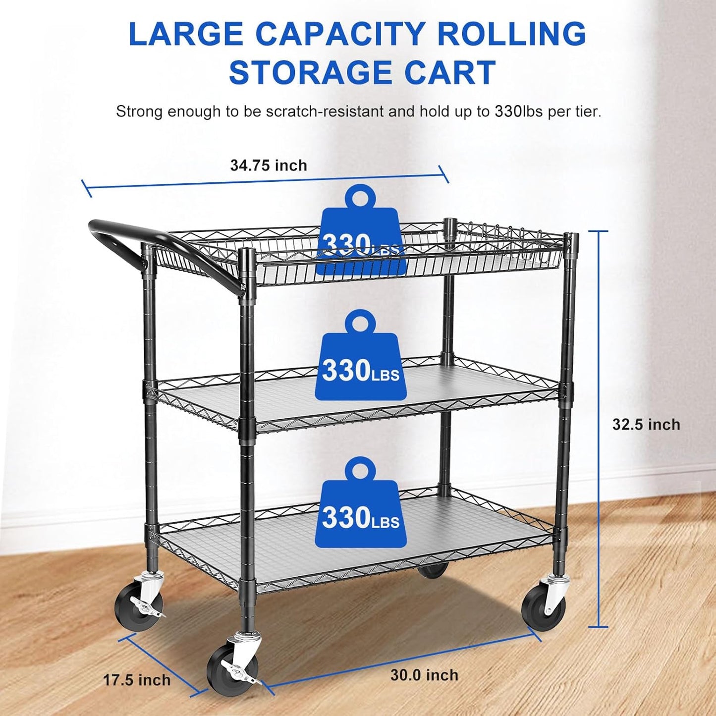 YNN Black Utility Rolling Cart,990Lbs 3 Tier Heavy Duty Metal Cart with Wheels & Handle NSF Wheeled Cart 31" D x 18" W x 33" H for Bedroom, Bathroom, Kitchen,Garden,Decor,Serving