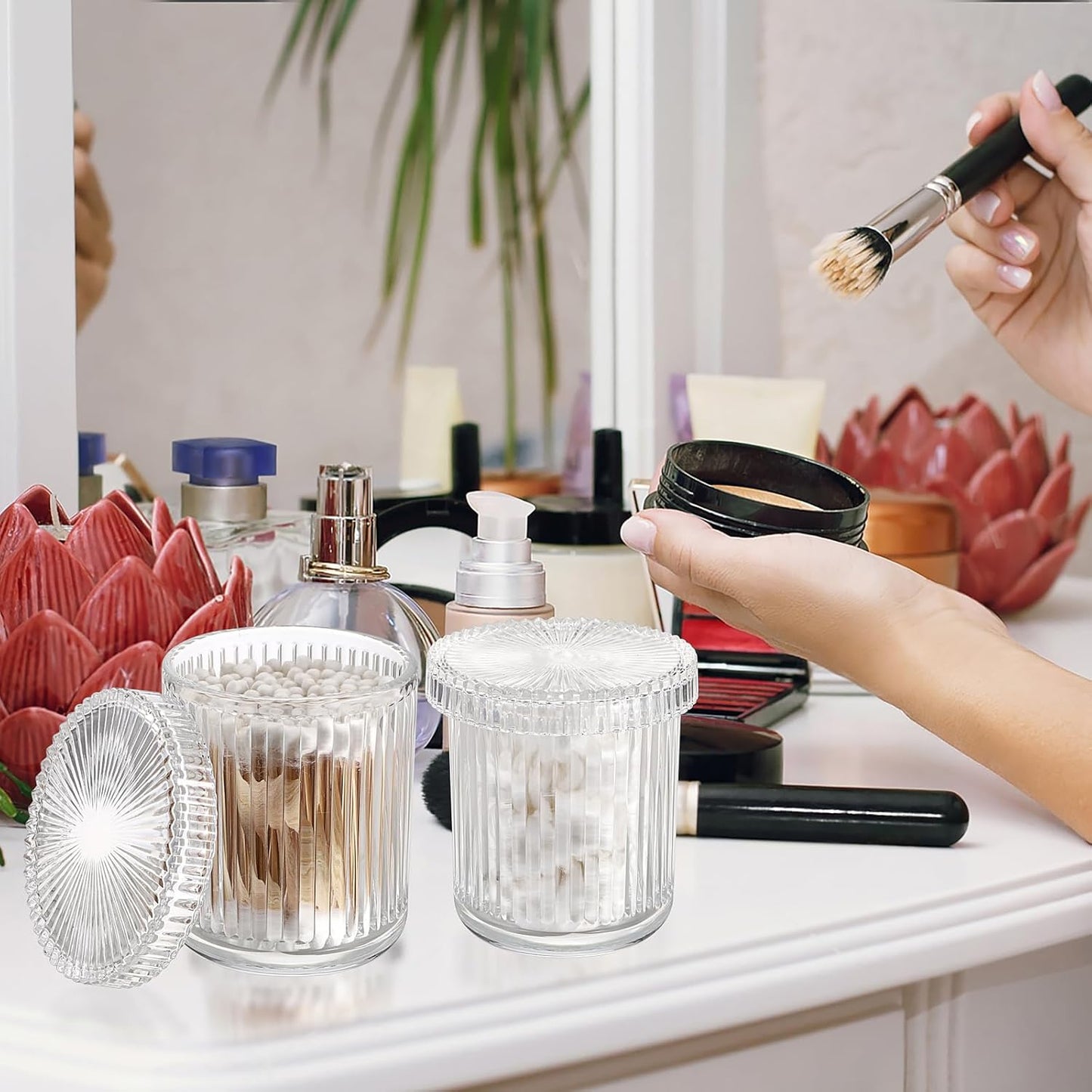 2 Pack Glass Qtip Holder with Lid, Qtip Dispenser Bathroom Storage Jars- Glass Apothecary Jars for Cotton Ball, Swab, Pads, Floss Picks, Bathroom Accessories Organization and Vanity Organizer(Clear)