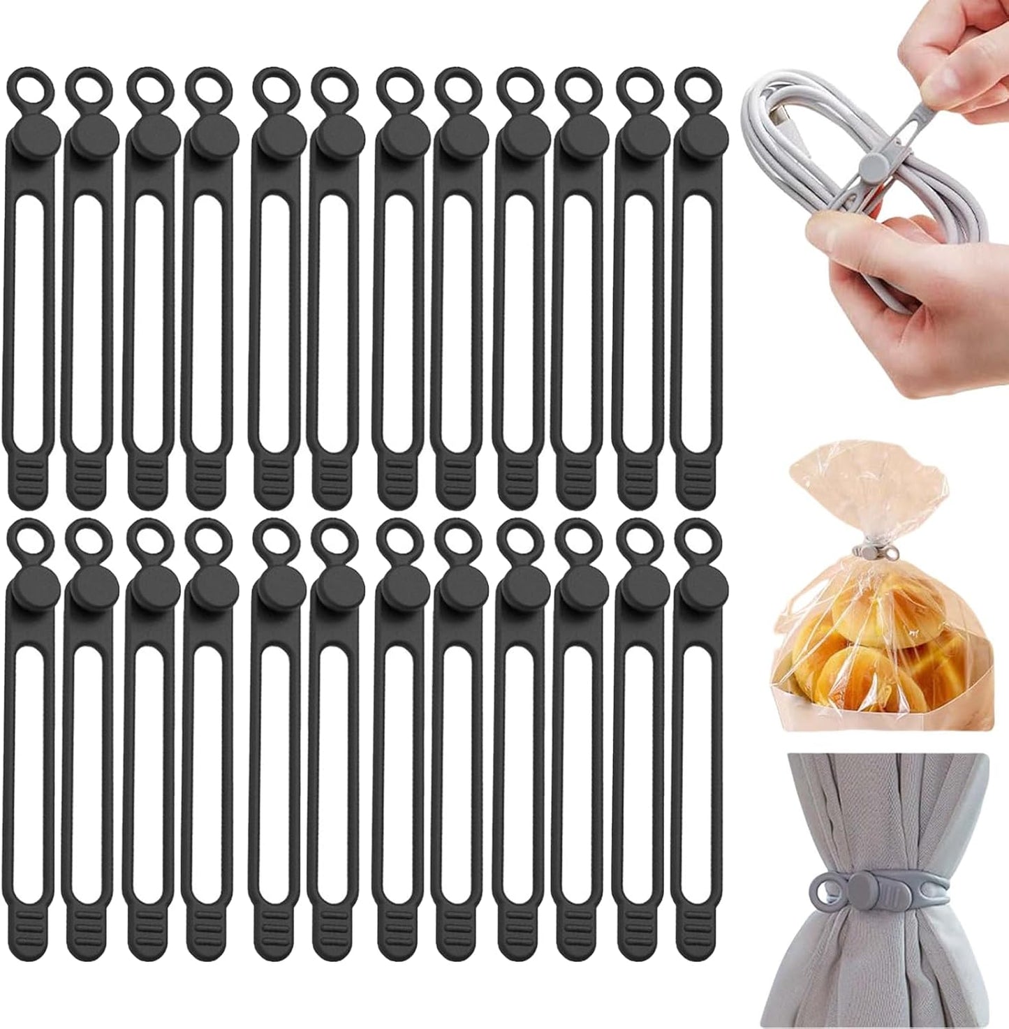 Data Cable Organizer, Silicone Cable Ties Reusable - Elastic Cord Organizer for Electronics, Adjustable Wire Ties for Cable Management,Computer Wires,Phone Charger,Earphone,Home Office (Black, 30PCS)