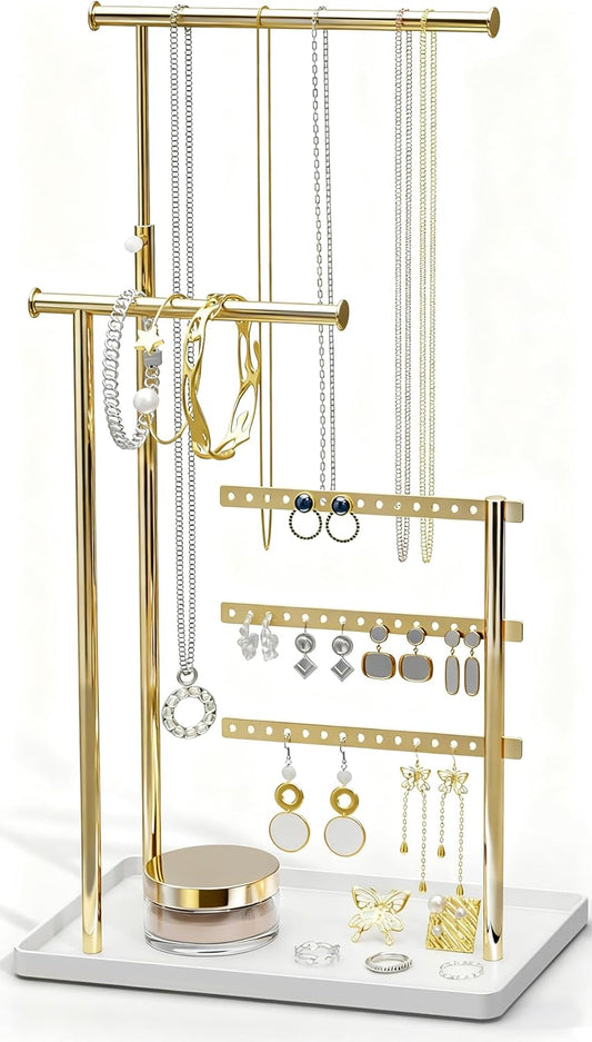 Jewelry Holder Organizer Stand - Adjustable Tall 17.5" (Max), Gift for Women, Mirrored Gold Jewelry Hanger for Necklaces, Earrings, Bracelets, Rings