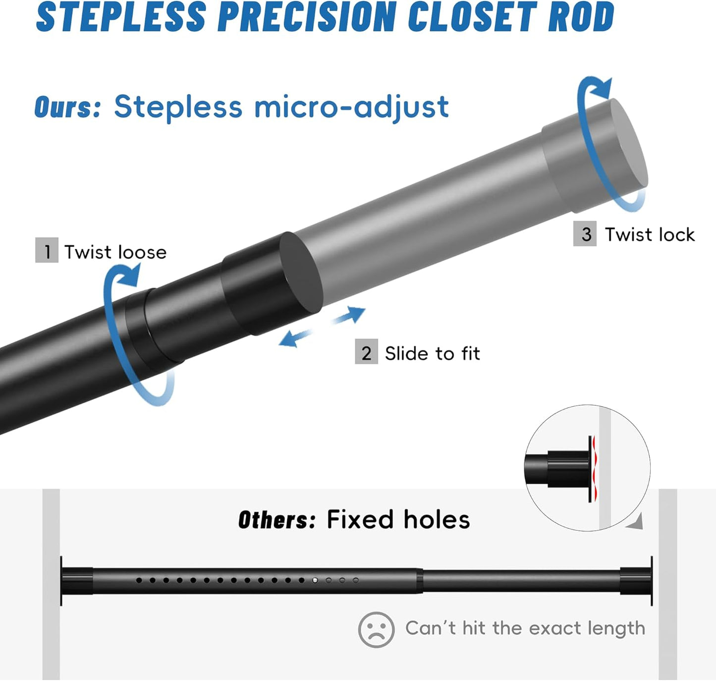 Stepless Adjustable Closet Rod, 66 lb Capacity, Fits 17-84 Inch Spaces, 1.3'' Heavy-Duty Metal Closet Rods for Hanging Clothes, Ideal for Closet, Wardrobes, Laundry or Rvs, Matte Black