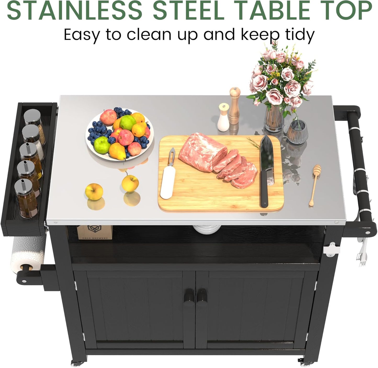 Weatherproof HIPS Outdoor Kitchen Island with Stainless Steel Top & Storage Cabinet, Movable Prep Table with Wheels for BBQ Food Prep, Outdoor Grill Cart for Parties, Black