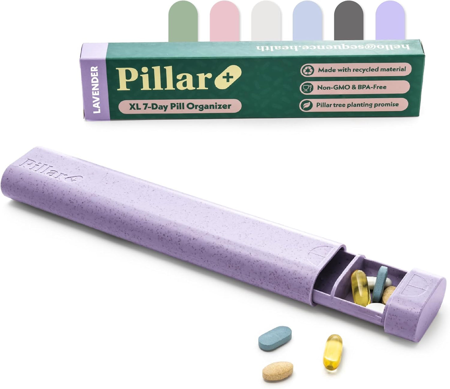 Pillar Plus - Aesthetic 7 XL Day Pill Organizer | BPA-Free Wheat Straw Medicine Case | Pretty Travel & Home Tablet Vitamin Organizer | Cute Weekly Pill Box | Travel Medicine Organizer (Lavender)