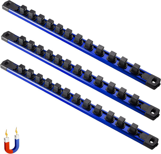 ALOANES 3-Piece Magnetic Socket Organizer, Heavy Duty Aluminum Socket Rails Organizer, 360° Swivel Clips Socket Holder Kit for Tool Box, 1/2-Inch Socket Holder x 36 Clips (Blue)