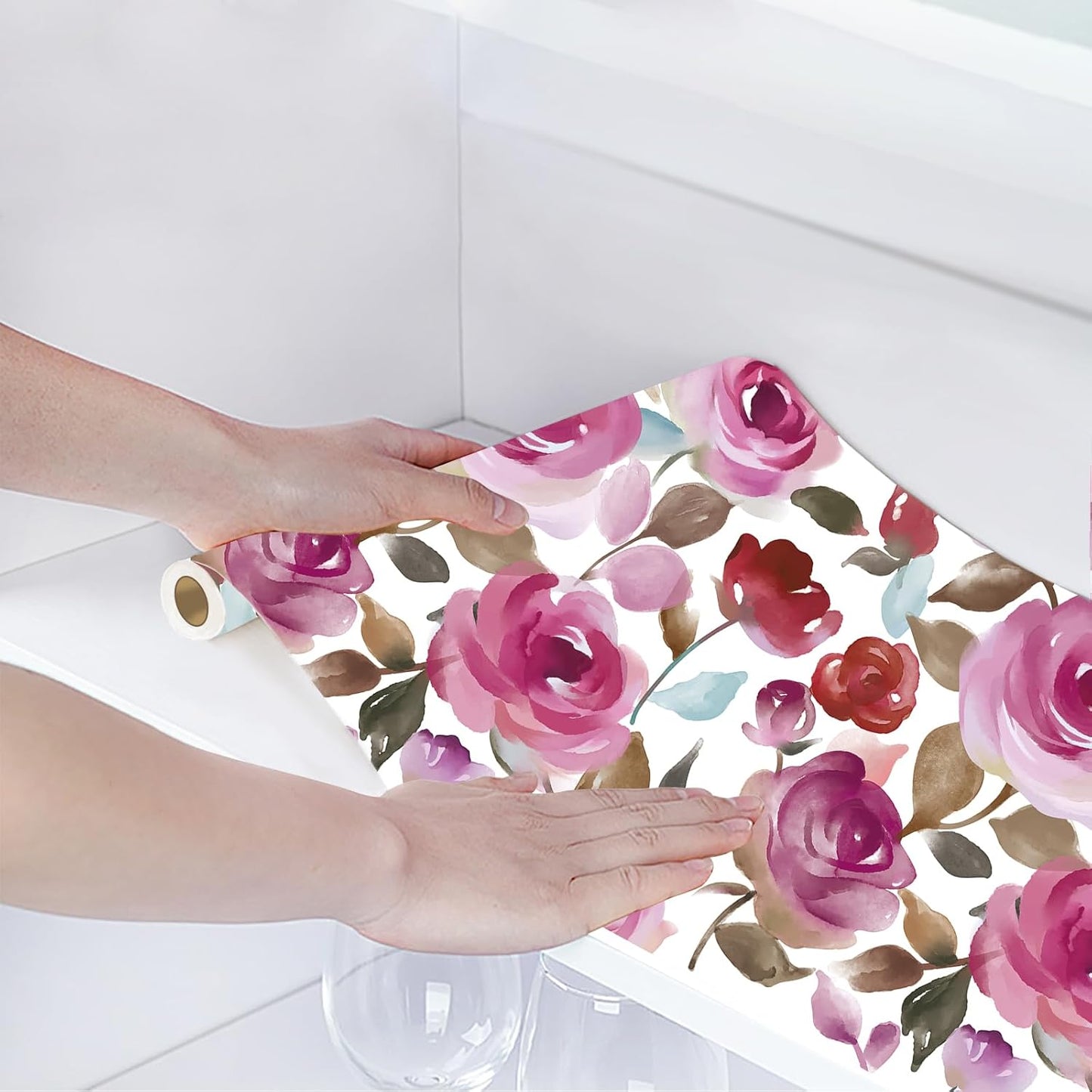 HAOKHOME Shelf Liner and Cabinet Liner Floral, Self-Adhesive Drawer Liners, Peel and Stick Contact Paper for Kitchen Cabinets and Cupboard, Bathroom Drawers,Mauve/Pink/Teal Brown 17.3in x 6.5ft